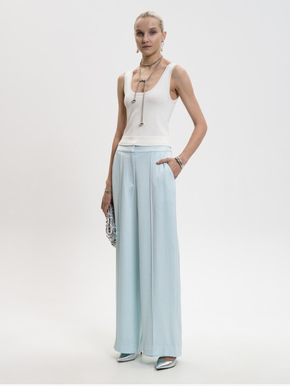 Jonathan Simkhai Wide Leg Satin Pants in Blue Like New, Small